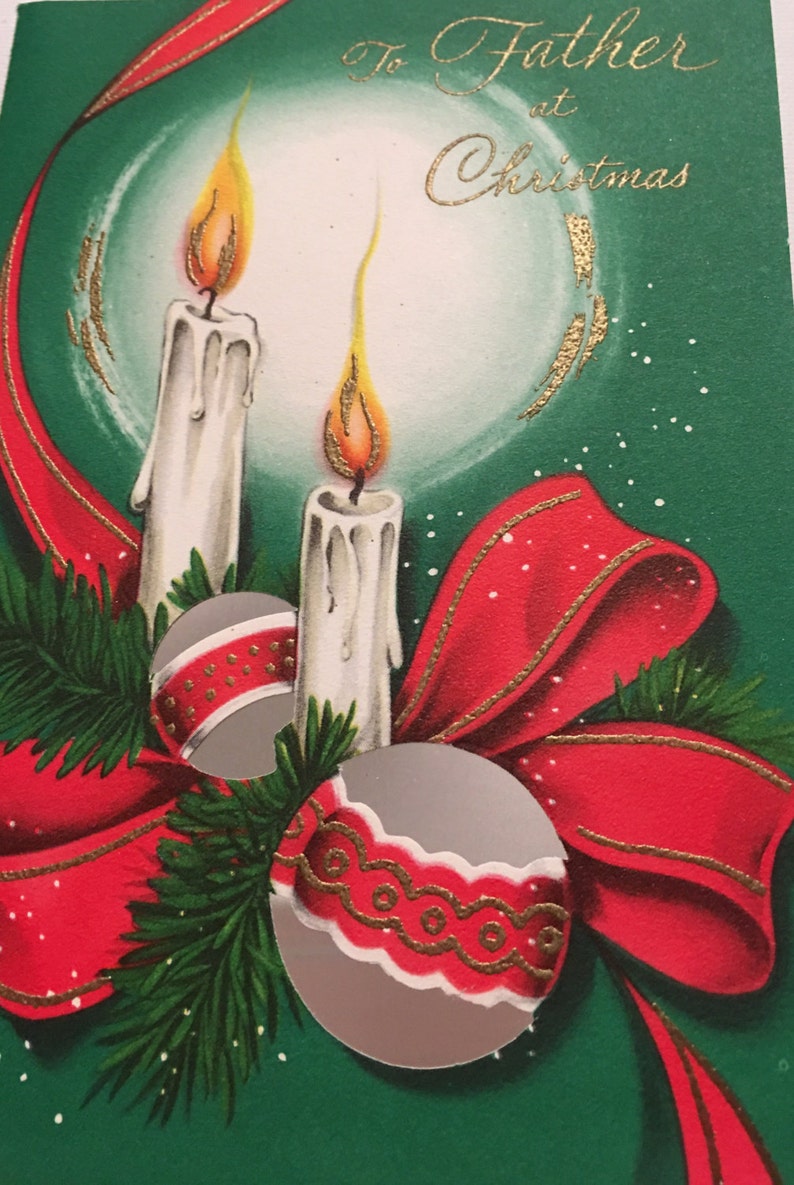 Vintage Christmas Card For Father Candles and Silver Bulbs | Etsy