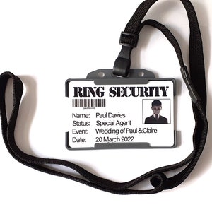 Personalised Ring Security Agent Badge and Lanyard, Custom Security badge with readable barcode, Personalised Wedding Ring Security badge