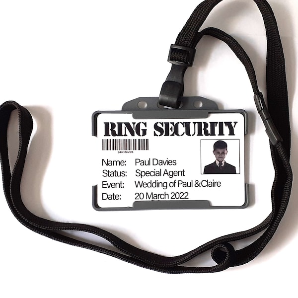 Personalised Ring Security Agent Badge and Lanyard, Custom Security badge with readable barcode, Personalised Wedding Ring Security badge