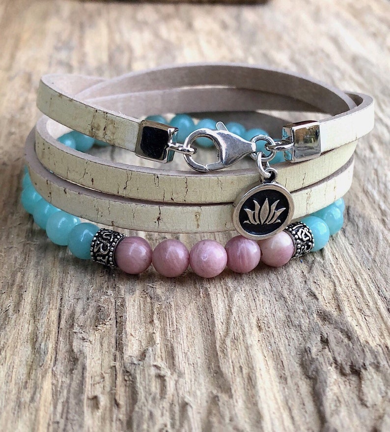 Triple Wrap Beige Cork Bracelet Natural Cork and Sterling Silver Lotus Flower Charm Bracelet For Her Womens Sustainable Jewellery