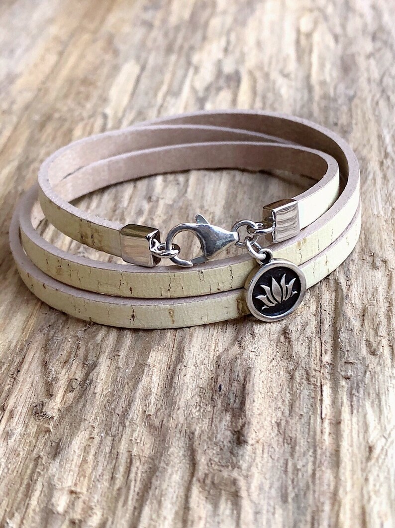 Triple Wrap Beige Cork Bracelet Natural Cork and Sterling Silver Lotus Flower Charm Bracelet For Her Womens Sustainable Jewellery