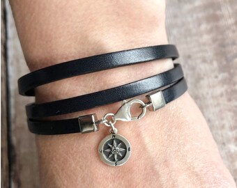 Compass Leather Wrap, Compass Charm Bracelet, Leather Wrap Bracelet, Sterling Silver & Leather Bracelet, Find your true north gift