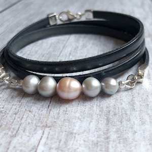 Pearls Wrap Bracelet, Leather Wrap Bracelet, Sterling Silver & Leather Bracelet, Triple Wrap Bracelet, Freshwater Pearl Jewellery