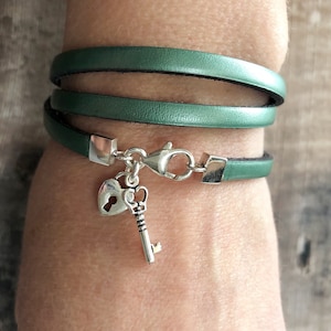 Lock and Key Charms Bracelet, Leather Wrap Bracelet, Sterling Silver & Leather Bracelet, Multi Charm Bracelet