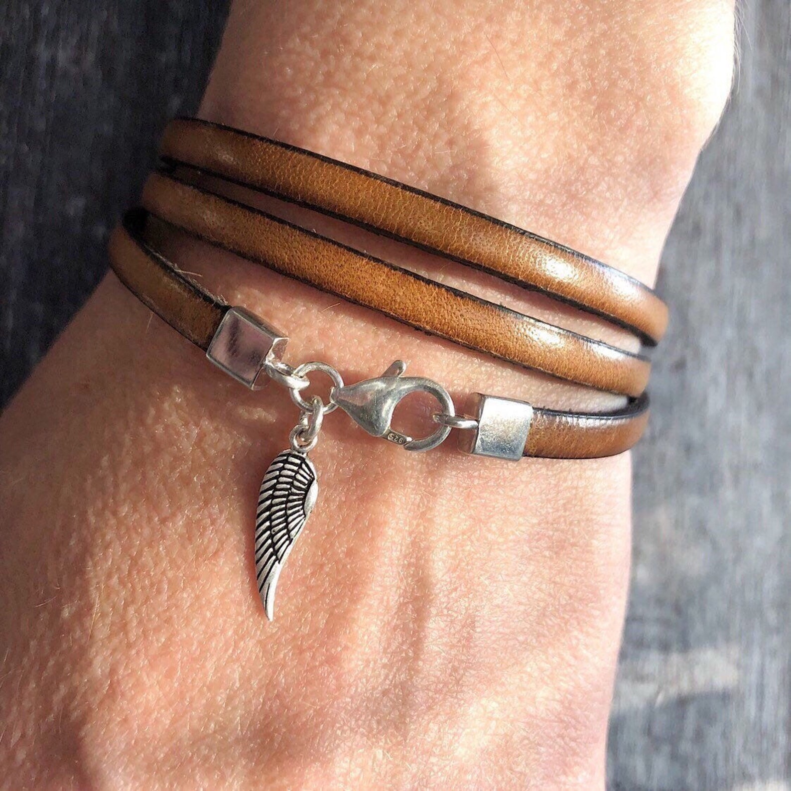 Leather Wrap Bracelet Angel Wing Charm Bracelet Sterling Etsy UK