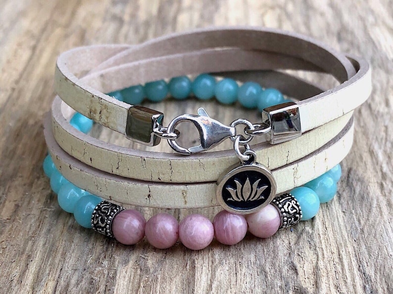 Triple Wrap Beige Cork Bracelet Natural Cork and Sterling Silver Lotus Flower Charm Bracelet For Her Womens Sustainable Jewellery