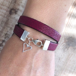 Heart Charm Bracelet, Leather Wrap Bracelet, Sterling Silver & Leather Bracelet, Romantic Gift For Women