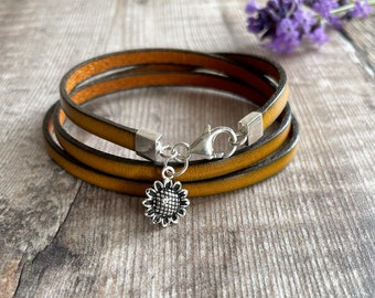 Sunflower Charm Bracelet, Leather Wrap Bracelet, Sterling Silver & Leather Bracelet, Triple Wrap Leather Bracelet, Gift for Women