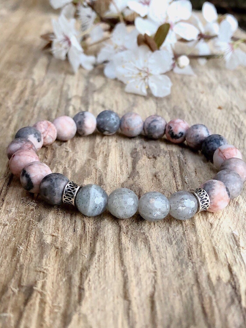Pink Zebra Jasper Bracelet Sterling Silver /& Gemstone Bracelet for Women Positivity and Balance Womens Labradorite Bracelet
