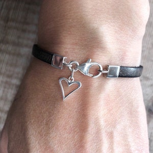 Single Wrap Leather Bracelet, Heart Charm Bracelet, Sterling Silver & Leather Bracelet, Gift for Women and Girls