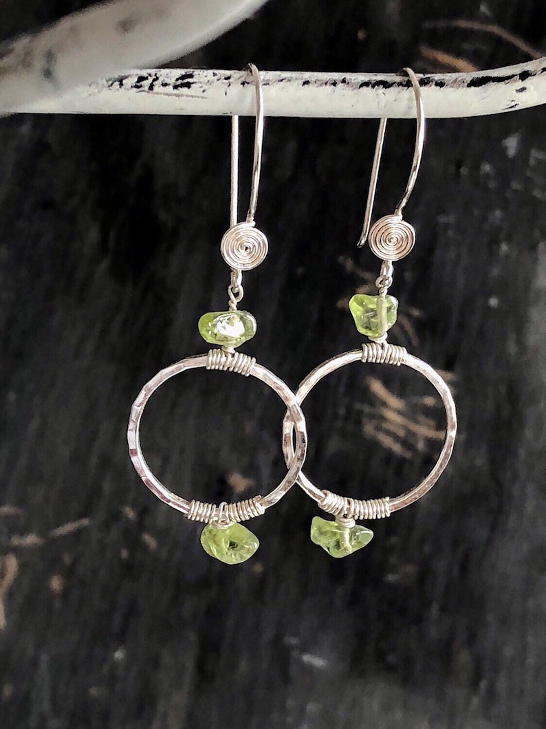 Natural Gemstone Earrings August Birthstone Gift For Women Peridot Nuggets and Sterling Silver Earrings Wire Wrap Beaded Earrings