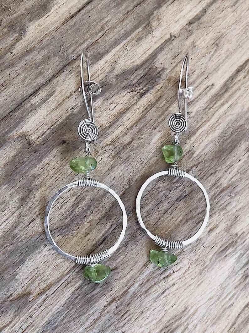 Natural Gemstone Earrings August Birthstone Gift For Women Peridot Nuggets and Sterling Silver Earrings Wire Wrap Beaded Earrings