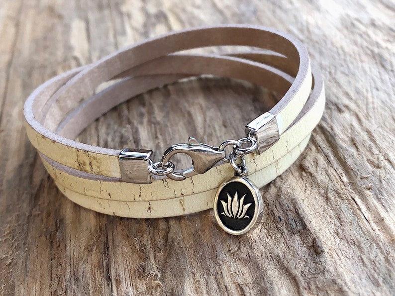 Triple Wrap Beige Cork Bracelet Natural Cork and Sterling Silver Lotus Flower Charm Bracelet For Her Womens Sustainable Jewellery
