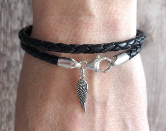 Angel Wing Bracelet, Braided Leather Bracelet, Sterling Silver & Leather Bracelet, Angel Wing Jewellery, unisex gift