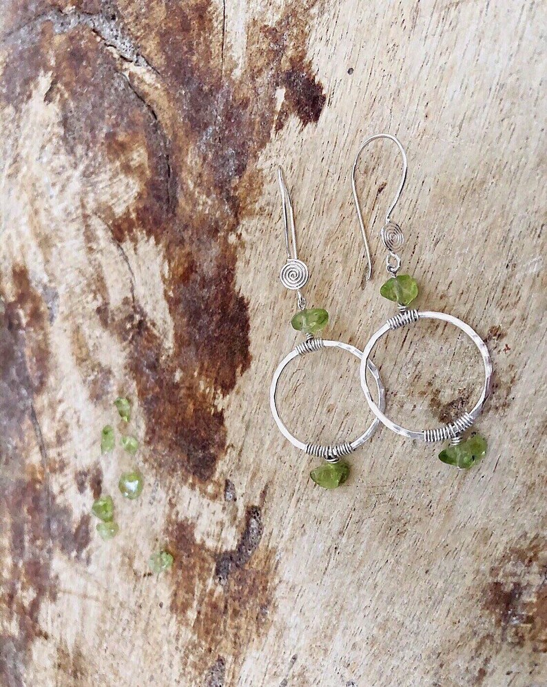 Natural Gemstone Earrings August Birthstone Gift For Women Peridot Nuggets and Sterling Silver Earrings Wire Wrap Beaded Earrings