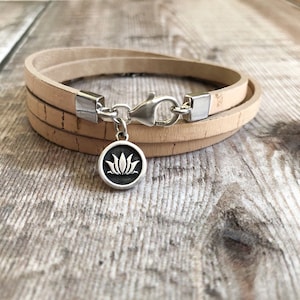 Lotus Flower Bracelet, Cork Wrap Bracelet, Sterling Silver & Cork Bracelet, Gift For Women, Sustainable Jewellery