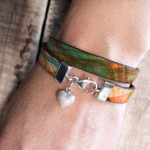 Leather Bracelet w Heart Charm, Sterling Silver & Leather Wrap, Romantic Gift For Women