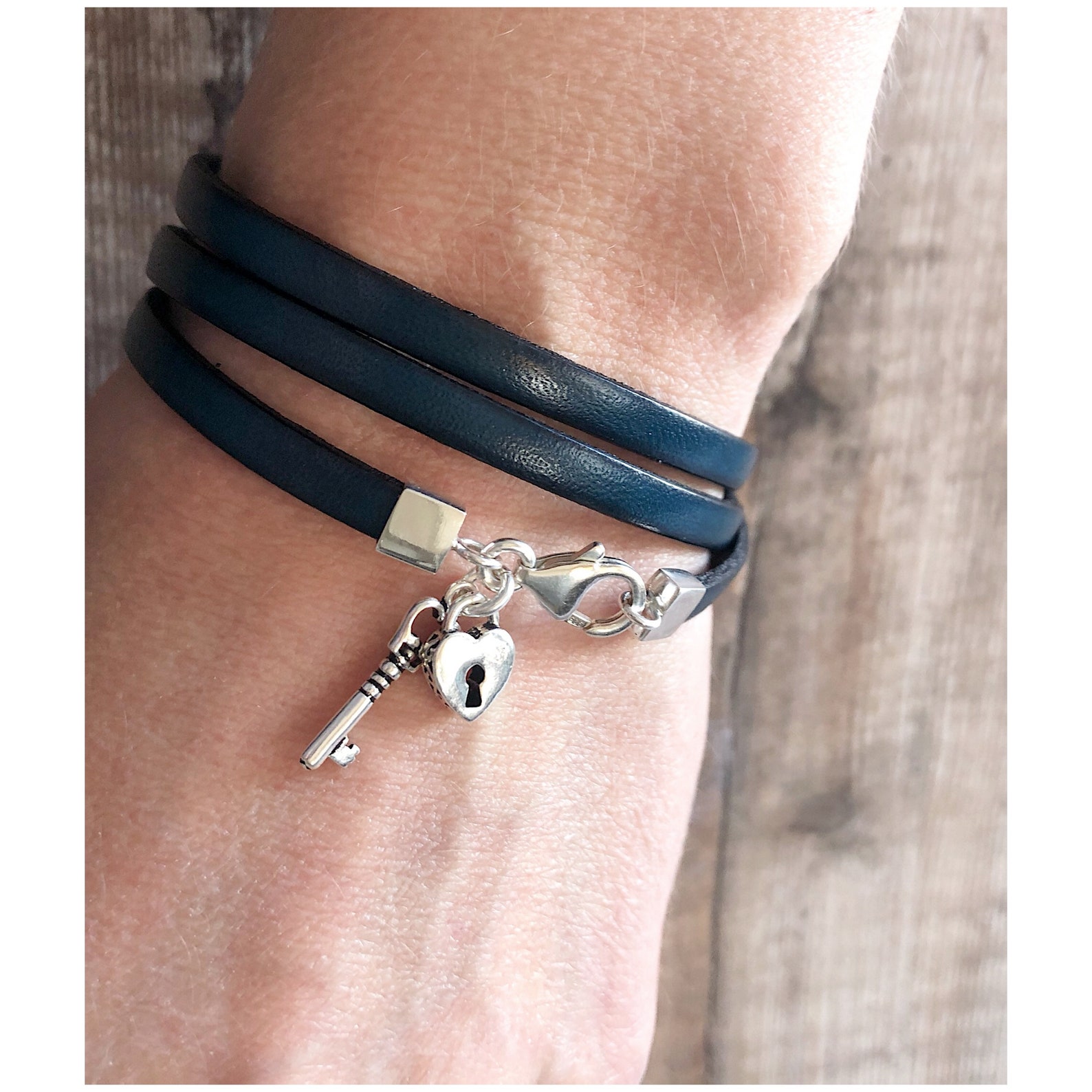 Lock and Key Charms Bracelet Leather Wrap Bracelet Sterling Etsy