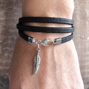 Cork Wrap Bracelet with Sterling Silver Feather Charm, Feather Bracelet, Cork Bracelet, Vegan Jewellery