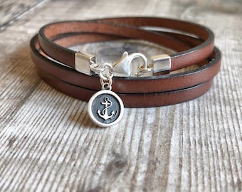 Anchor Charm Bracelet, Leather Wrap Bracelet, Sterling Silver & Leather Bracelet, Triple Leather Wrap, Silver Anchor Jewellery