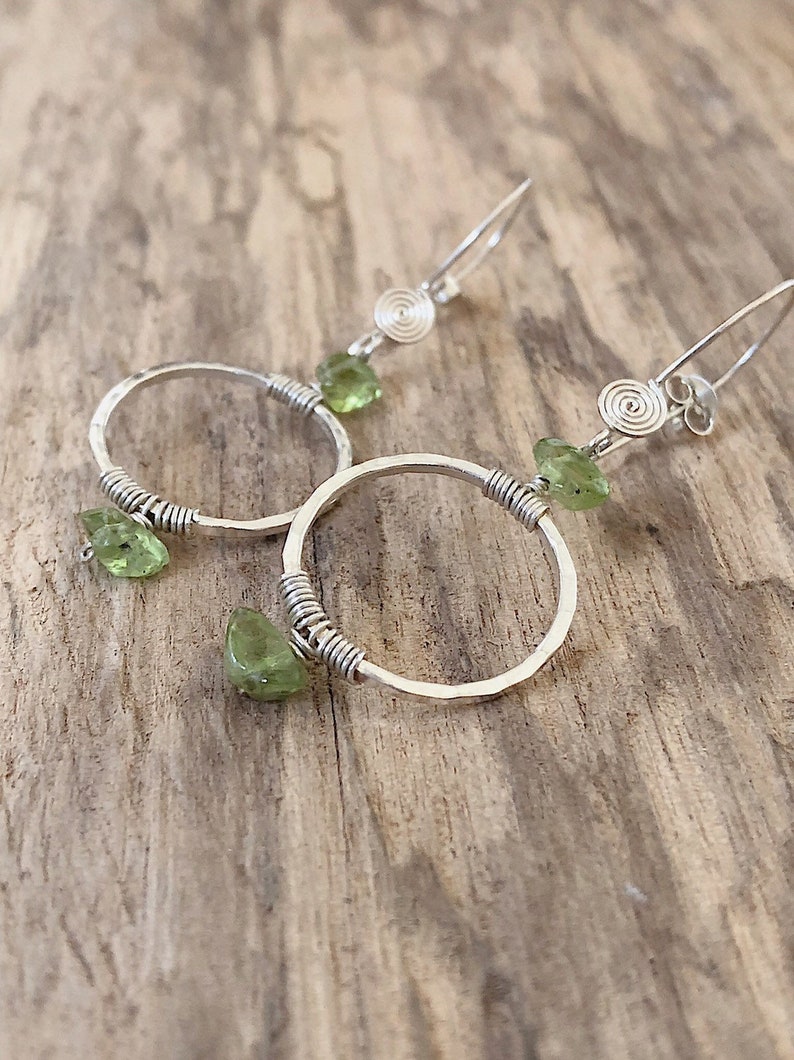Natural Gemstone Earrings August Birthstone Gift For Women Peridot Nuggets and Sterling Silver Earrings Wire Wrap Beaded Earrings