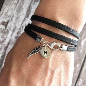 Angel Wing Bracelet, Cork Wrap Bracelet, Personalised Name Initial Bracelet, Sterling Silver & Cork Bracelet, Womens Vegan Jewellery