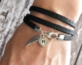 Angel Wing Bracelet, Cork Wrap Bracelet, Personalised Name Initial Bracelet, Sterling Silver & Cork Bracelet, Womens Vegan Jewellery