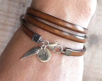 Personalised Angel Wing Bracelet, Leather Wrap Bracelet, Personalised Name Initial Bracelet, Sterling Silver and Leather Bracelet