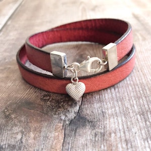 Sterling Silver Heart Charm Bracelet, Double Wrap Leather Bracelet, Romantic Gift For Women