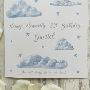 Personalised Heavenly Birthday Card, 1st 21st, Angel Baby Child Loss, Birthday in Heaven Card, Born Sleeping, Clouds and Stars