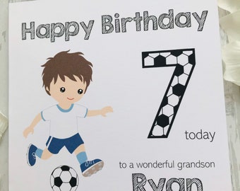 Personalised Football Card, White shirt, blue shorts Football Birthday Card, Birthday Boy Card, Son Birthday Card, Grandson Brother Nephew
