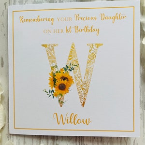 Personalised Heavenly Sunflower Birthday Card, Angel Baby Child Loss Card, Birthday in Heaven Card, Remembering, Born Sleeping, Memorial