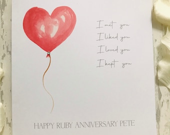 Handmade Anniversary Card, Heart Balloon, Personalized Husband Wife