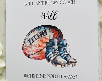 Personalised Rugby Coach Card, Thank You Card, Rugby Manager Card, Rugby Card, Rugby Union, Rugby League