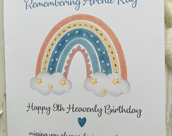 Personalised Heavenly Rainbow Birthday Card, Angel Baby Loss Card, Birthday in Heaven Card, Remembering, Taken too soon