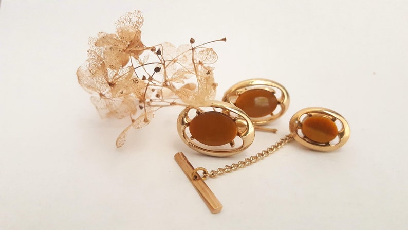 Vintage Oval CufflinksTie Tack SetGold ToneGenuine TIGER EYE StoneWedding JewelryMen/'s GiftFormal WearGentleman Style1960/'s