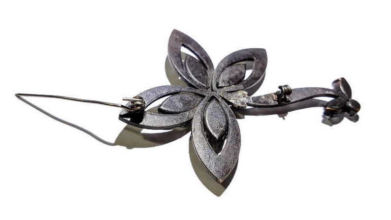 Vintage Black Metal Flower Brooch Marquis Cut Clear Rhinestones AccentsLARGE Vintage BroochCostume JewelryBlack White Brooch1930/'s