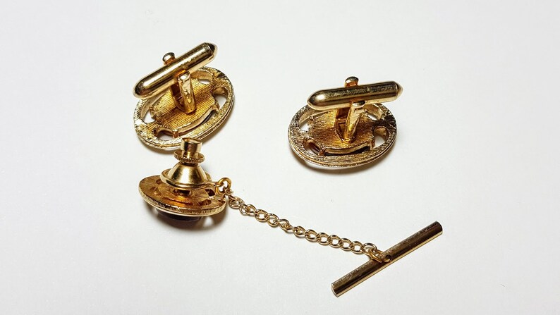 Vintage Oval CufflinksTie Tack SetGold ToneGenuine TIGER EYE StoneWedding JewelryMen/'s GiftFormal WearGentleman Style1960/'s