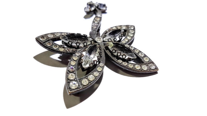 Vintage Black Metal Flower Brooch Marquis Cut Clear Rhinestones AccentsLARGE Vintage BroochCostume JewelryBlack White Brooch1930/'s