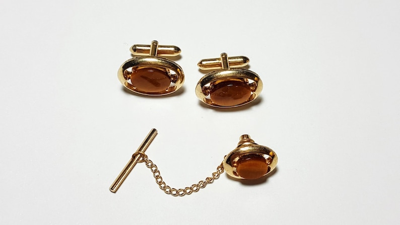 Vintage Oval CufflinksTie Tack SetGold ToneGenuine TIGER EYE StoneWedding JewelryMen/'s GiftFormal WearGentleman Style1960/'s