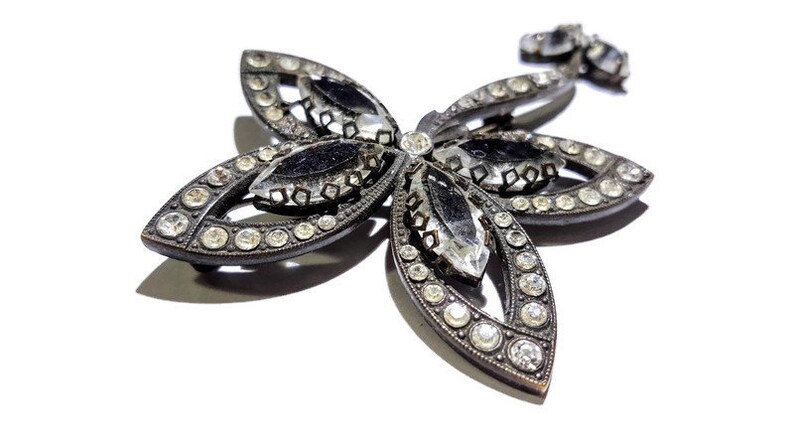 Vintage Black Metal Flower Brooch Marquis Cut Clear Rhinestones AccentsLARGE Vintage BroochCostume JewelryBlack White Brooch1930/'s