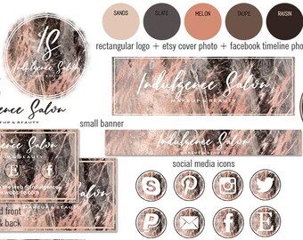 BLACK MARBLE & Rose Gold Branding Kit Hand Lettered Font Modern Etsy Shop Set Cover Photo Chic Logo Business Card Social Media Icons Sticker