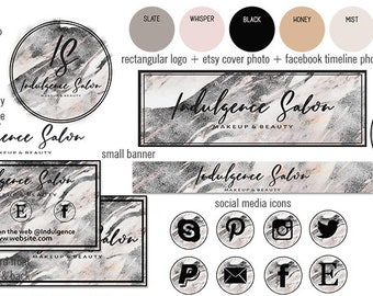 GRAY MARBLE Modern Etsy Shop Set Girl Boss Hand Lettered Font Branding Kit Package Cover Photo Banner Logo Business Card Social Media Icon