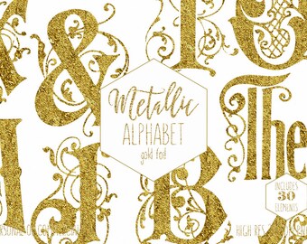 GOLD FOIL MONOGRAM Alphabet Clipart for Commercial Use Vine Wedding Letters Clip Art Pressed Foil Digital Alphabet Font Digital Graphics Png
