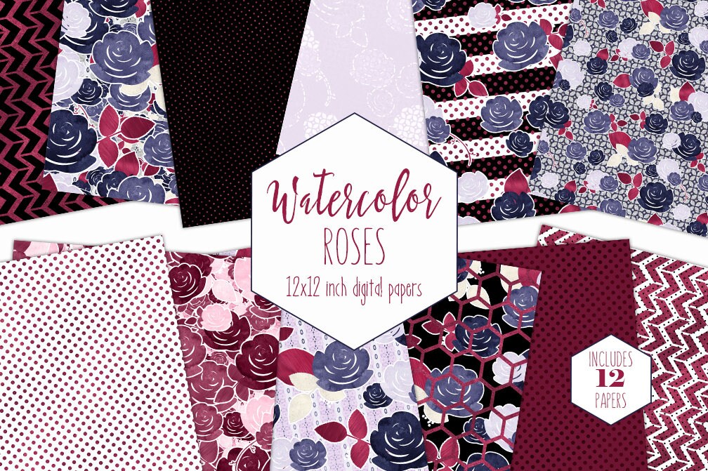 Download NAVY & BURGUNDY FLORAL Digital Paper Pack Commercial Use ...