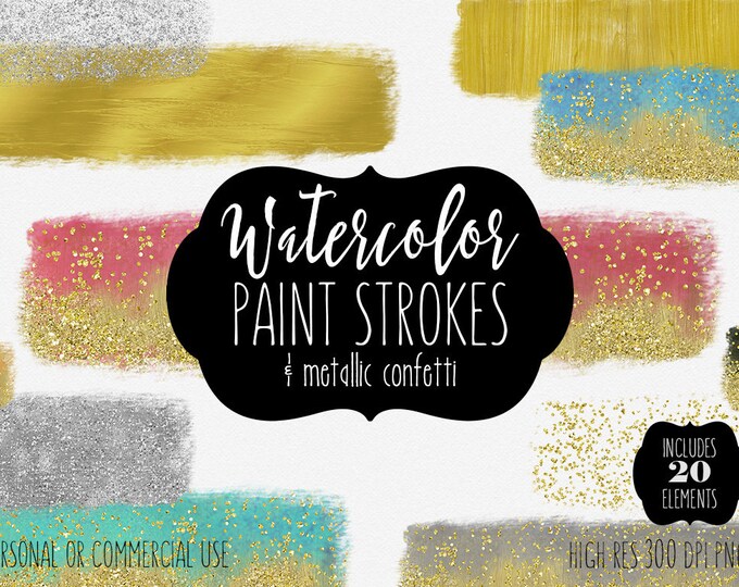 WATERCOLOR & GOLD PAINT Strokes Clipart Commercial Use Clip Art 19 Watercolor Brush Stroke Headers Glitter Confetti Textures Logo Graphics