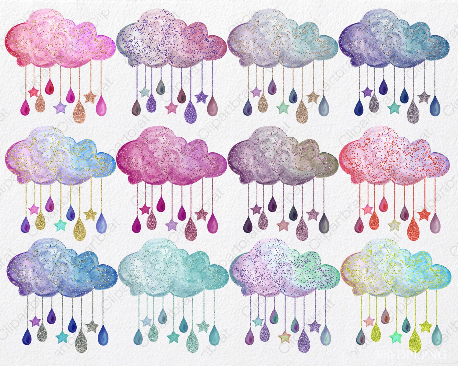 RAINBOW RAIN CLOUDS Clipart Commercial Use Clip Art Watercolor Clouds