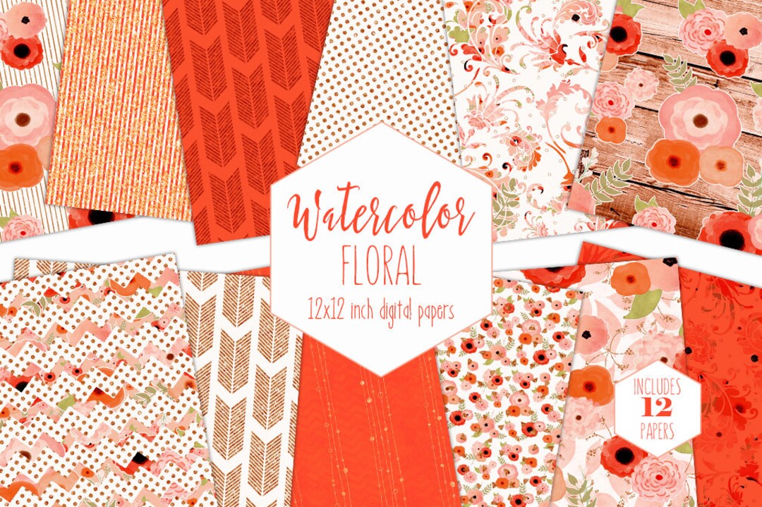 CORAL FLORAL WATERCOLOR Digital Paper Pack Commercial Use - Etsy