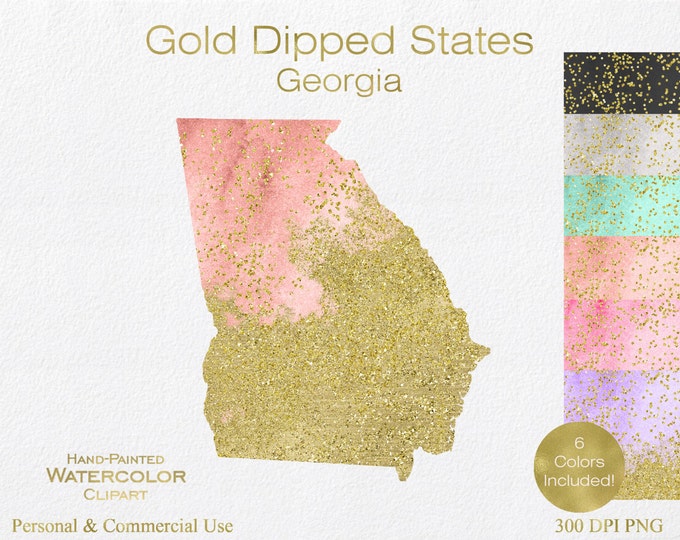 WATERCOLOR & GOLD GEORGIA Clipart Commercial Use Clipart United States Shape Wedding Clipart Gold Confetti Dust Georgia State Clip Art