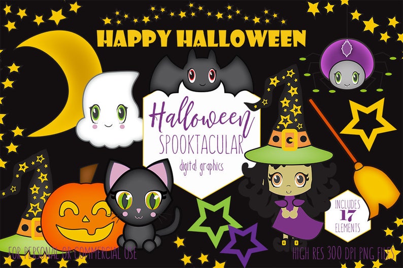 SPOOKTACULAR HALLOWEEN Clipart Cute Witch Ghost Black Cat Moon - Etsy Finland